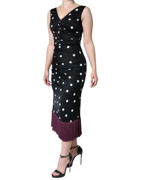 Black Silk Polka Dot V-neck Tassel Midi Dress - Image 3