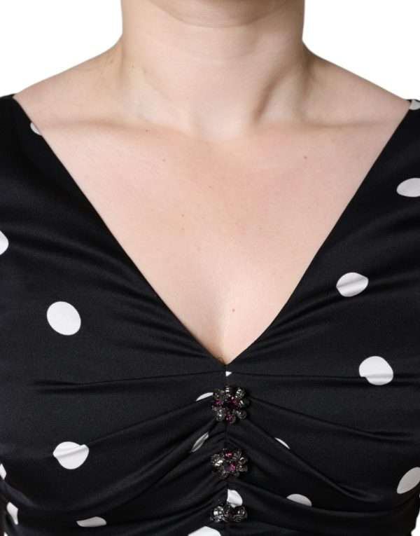 Black Silk Polka Dot V-neck Tassel Midi Dress - Image 4
