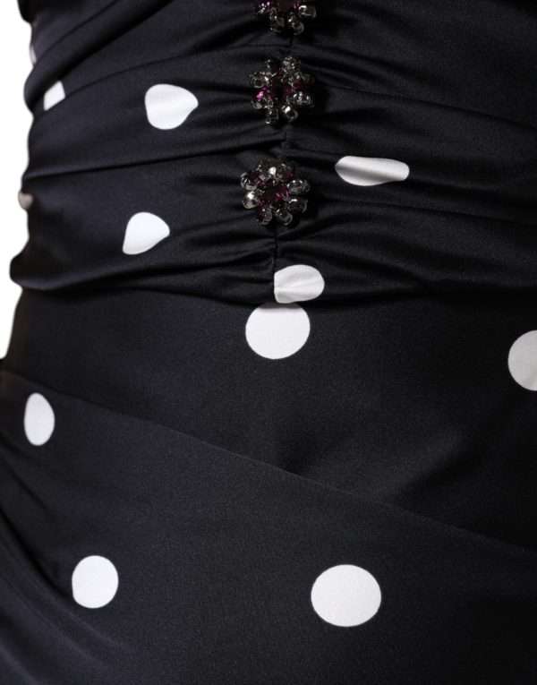 Black Silk Polka Dot V-neck Tassel Midi Dress - Image 5
