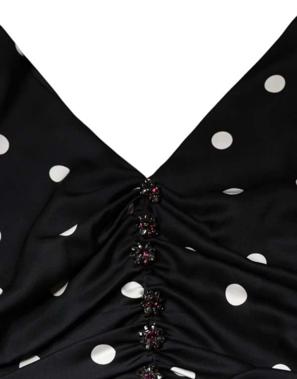 Black Silk Polka Dot V-neck Tassel Midi Dress - Image 6