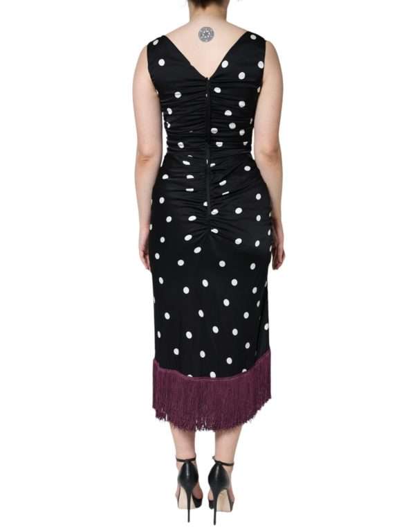Black Silk Polka Dot V-neck Tassel Midi Dress - Image 7