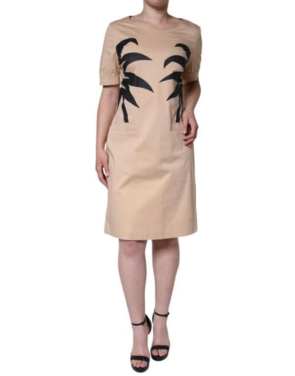 Beige Cotton Short Sleeve Knee Length Dress - Image 2