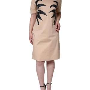 Beige Cotton Short Sleeve Knee Length Dress