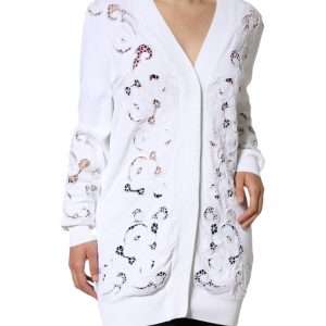White Viscose Floral Cut Out Cardigan Sweater