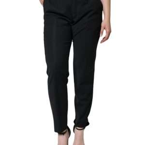 Black Polyester High Waist Tapered Pants