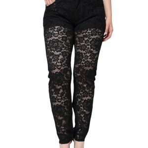 Black Floral Lace Front Skinny Denim Jeans