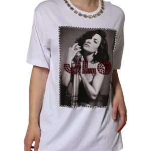 White Crystal Neckline Embellished Printed T-shirt