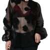 Black Nylon Mesh Transparent Floral Blouse - Image 2