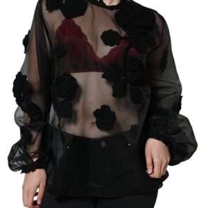 Black Nylon Mesh Transparent Floral Blouse
