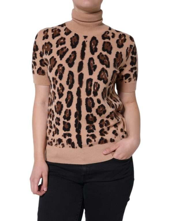 Beige Leopard Print Wool Turtleneck Top - Image 2