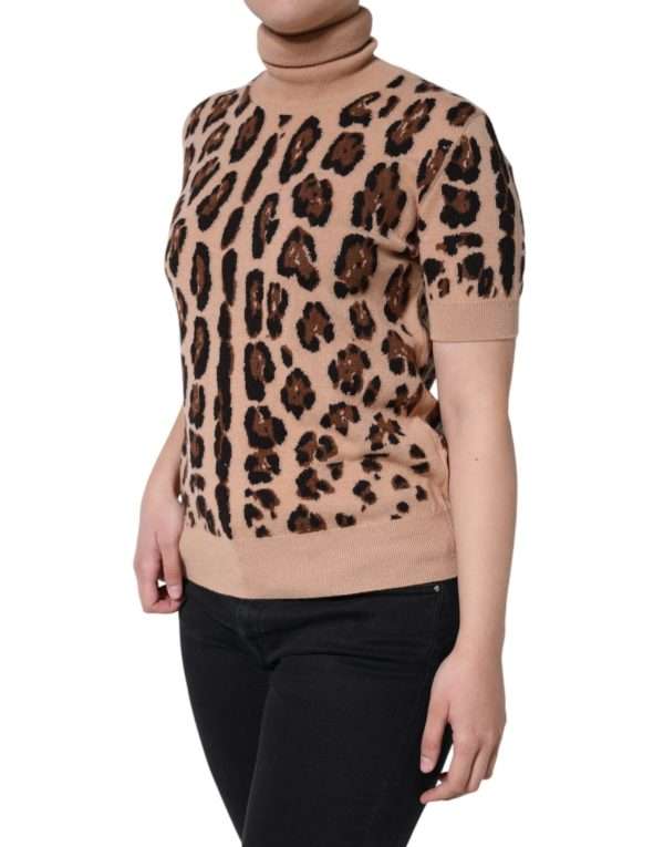 Beige Leopard Print Wool Turtleneck Top - Image 3