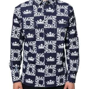 Blue Crown Logo Print Slim Fit Cotton Shirt
