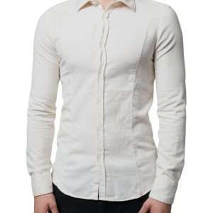 Off White Cotton Collared Men Formal Dress Shirt