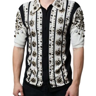 White Black Silk Studded Stone Crystal Shirt
