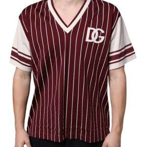 Maroon Stripes Cotton Logo V-neck T-shirt