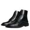 Black Leather Lace Up Mid Calf Boots Shoes - Image 3