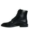 Black Leather Lace Up Mid Calf Boots Shoes - Image 5