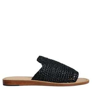 Black Monochrome Braided Raffia Slides Shoes