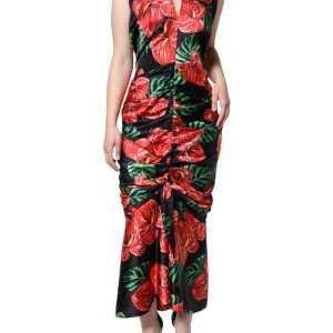 Black Tropical Floral Sheath Maxi Dress
