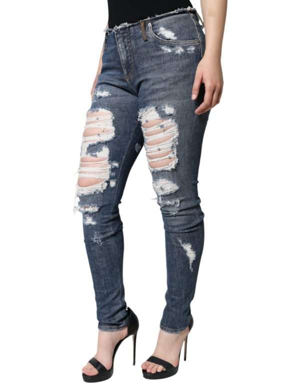 Blue Cotton Stretch Tattered Skinny Jeans - Image 3