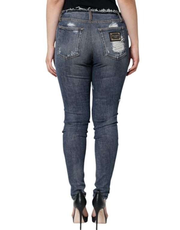 Blue Cotton Stretch Tattered Skinny Jeans - Image 4