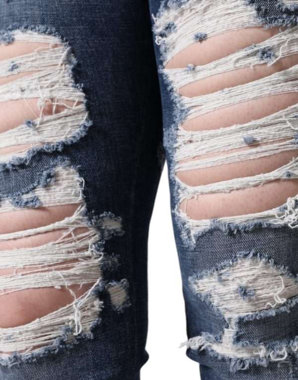 Blue Cotton Stretch Tattered Skinny Jeans - Image 5
