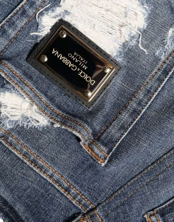 Blue Cotton Stretch Tattered Skinny Jeans - Image 6