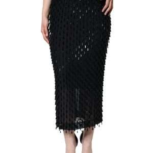 Black Embellished Pencil Cut Midi Skirt