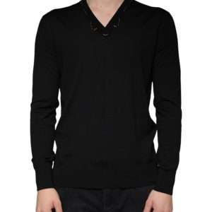 Black Embellished V-neck Pullover Sweater