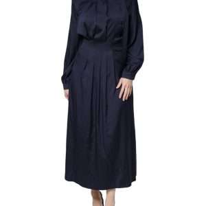 Dark Blue Long Sleeves Pleated A-line Maxi Dress