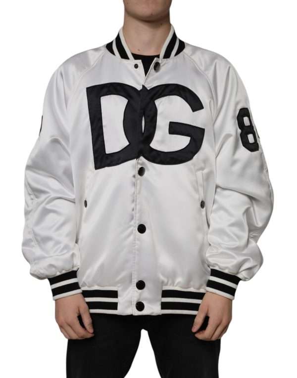 White Polyester Logo Full Zip Bomber Jacket - Image 2