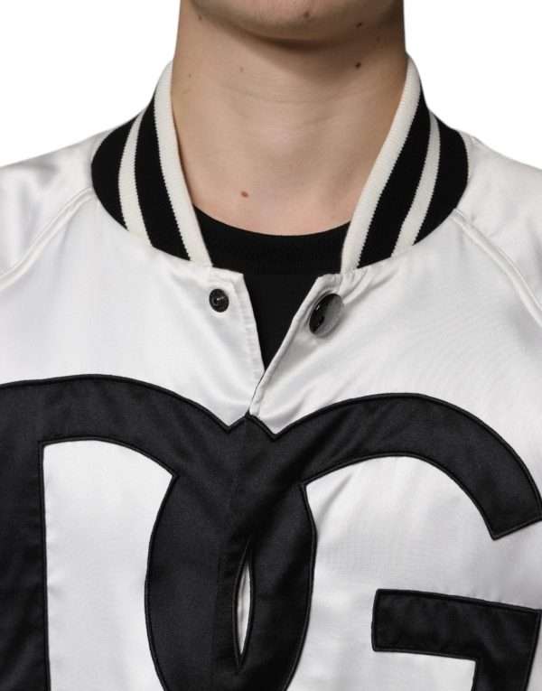 White Polyester Logo Full Zip Bomber Jacket - Image 5