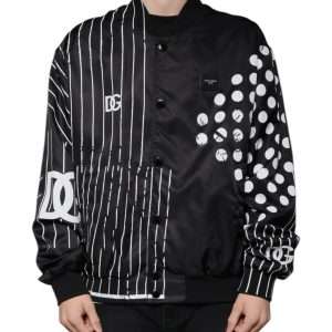 Black Polka Dot Stripe Nylon Bomber Jacket