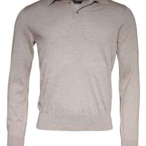 Beige Cashmere Knit Collared Pullover Sweater