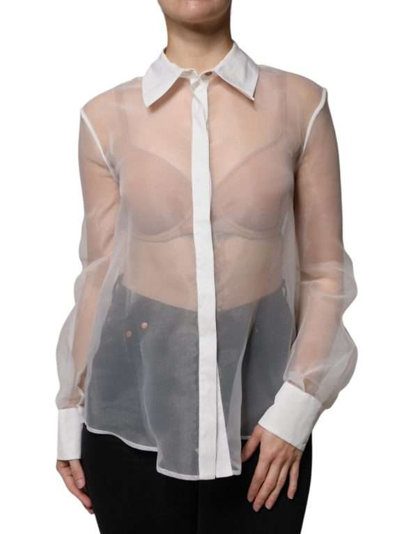 White Sheer Collared Buttoned Long Sleeves Top - Image 2