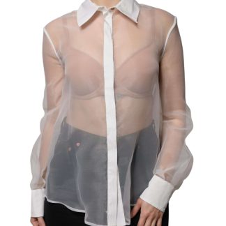 White Sheer Collared Buttoned Long Sleeves Top