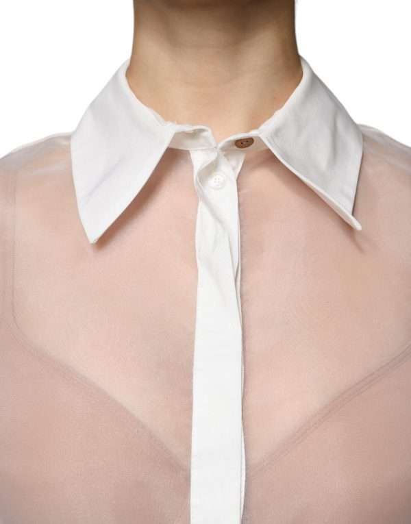 White Sheer Collared Buttoned Long Sleeves Top - Image 5