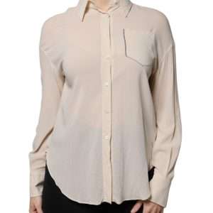 Beige Silk Blend Collared Button Down Top