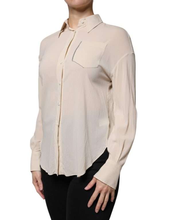 Beige Silk Blend Collared Button Down Top - Image 3