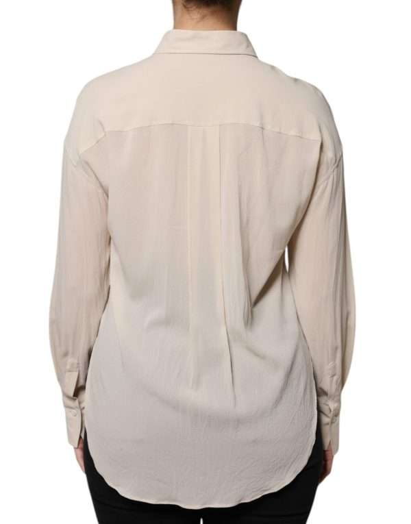 Beige Silk Blend Collared Button Down Top - Image 4