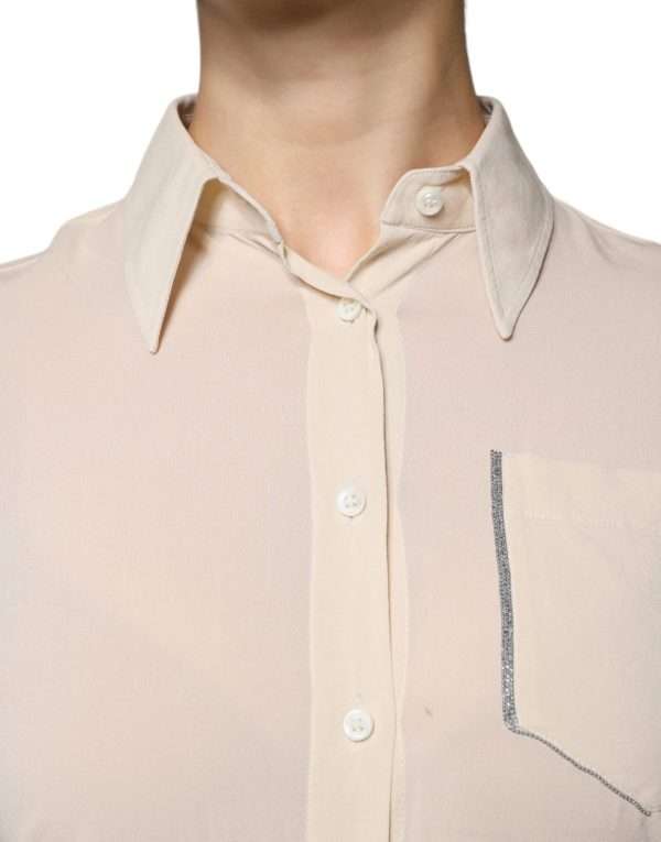 Beige Silk Blend Collared Button Down Top - Image 5