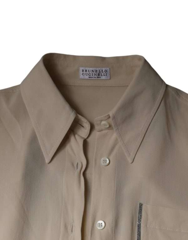 Beige Silk Blend Collared Button Down Top - Image 7