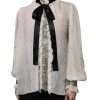 Off White Silk Blend Ascot Collar Blouse Top - Image 2
