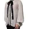 Off White Silk Blend Ascot Collar Blouse Top - Image 3