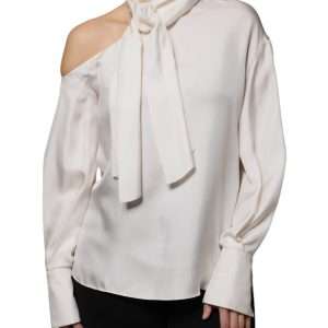 Beige Silk Ascot Collared Long Sleeves Top