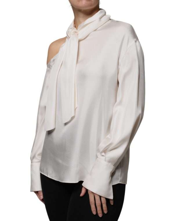 Beige Silk Ascot Collared Long Sleeves Top - Image 3