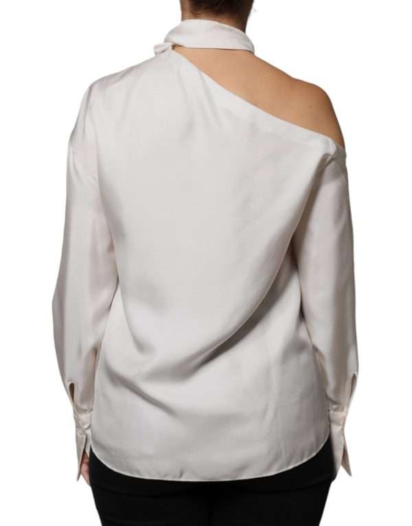 Beige Silk Ascot Collared Long Sleeves Top - Image 4