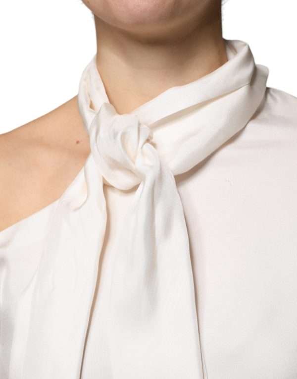 Beige Silk Ascot Collared Long Sleeves Top - Image 5
