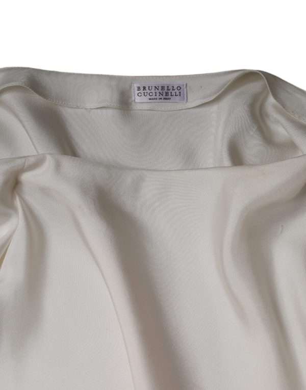 Beige Silk Ascot Collared Long Sleeves Top - Image 6