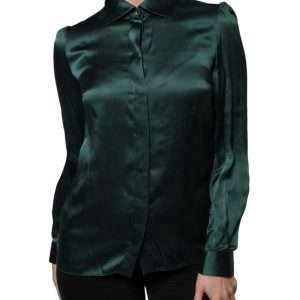 Dark Green Silk Button Down Long Sleeves Blouse Top